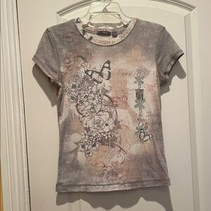 Apt. 9 Artistic Gray Tee with Floral and Butterfly Beaded Vintage-Style Graphic